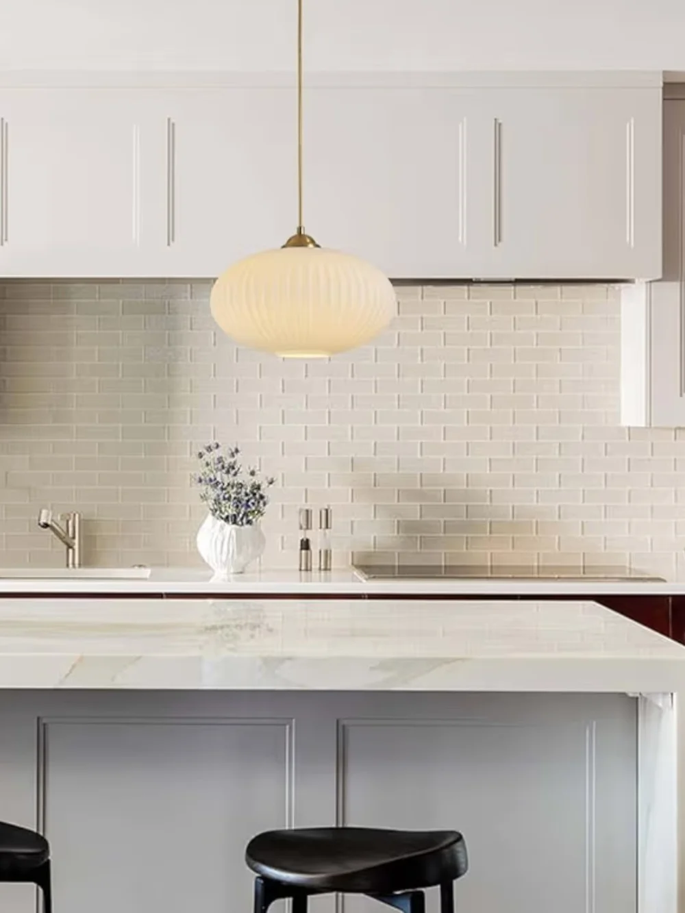 Mid-Century Modern Ribbed Glass Pendant Light in Warm White & Brass